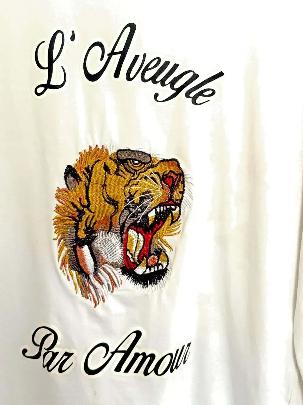 Gucci Cotton Lg/Sleeve Tee w/ L'Aveugle Par Amour script & Embroidered Tiger, XL